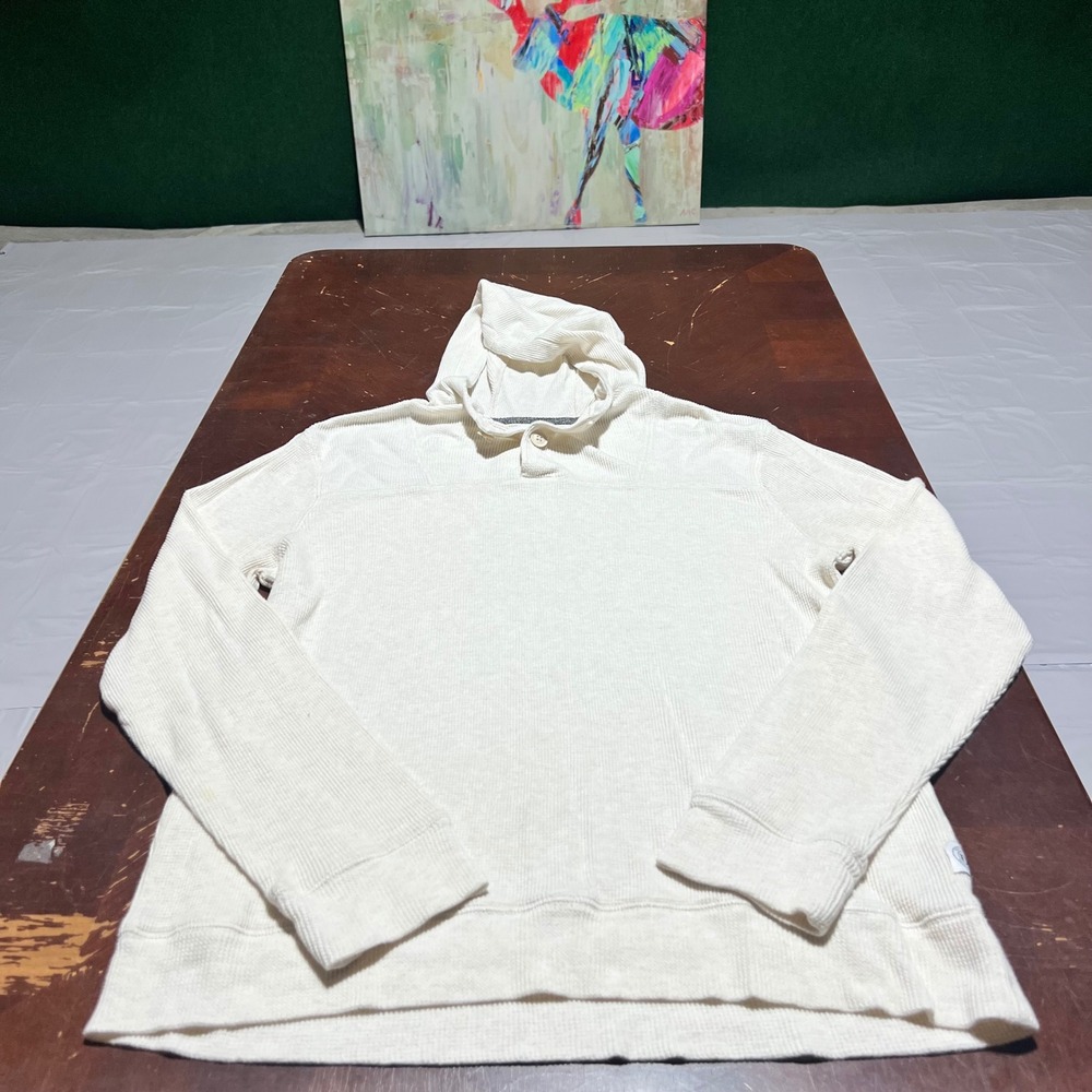 Express Mens Thermal Henley Hoodie Cream Waffle Knit Long Sleeve Large L